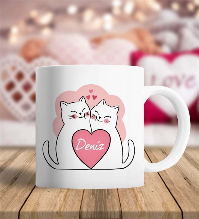 Kişiye Özel İsimli Aşk Kedileri Sevgiliye Hediye Kupa Bardak