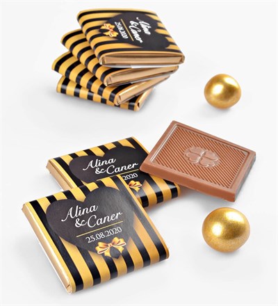 Gold Çizgili ve Fiyonklu İsimli 50 Adet Söz & Nişan Çikolatası